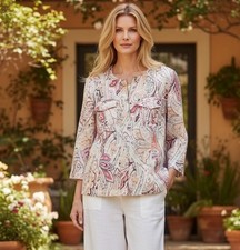 NWT Chicos 100 Linen Sz Large 2 White Pink Paisley Blazer Zip 3/4 Sleeve Mature