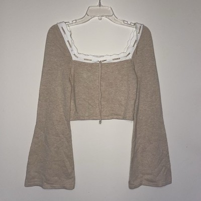 Dee Elly Light Brown And White Cinch Cropped Flare Sleeve Sweater M Top NWOT