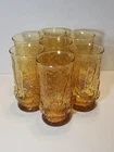 7 Vtg Anchor Hocking RainFlower Daisy Amber Drinking Glass Glasses Tumblers Mcm