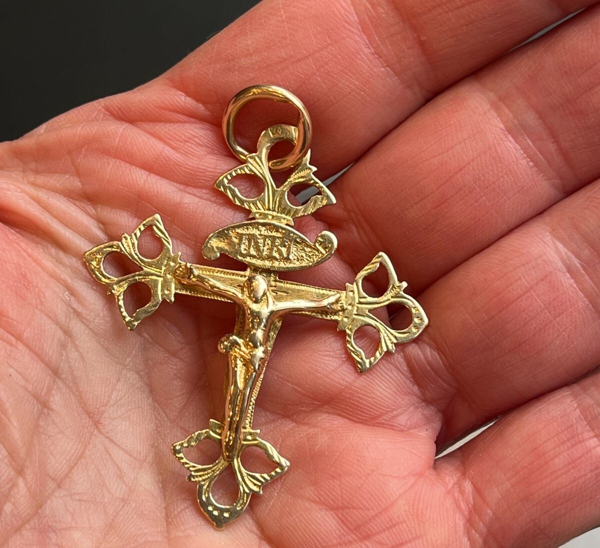 Antique French Rare Chiseled Solid Gold Cross Pendant Christ INRI