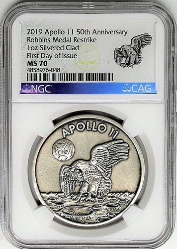 2019 Apollo 11 50th Anniv 1oz Silvered Clad Robbins Medal Restrike NGC MS70 FDOI