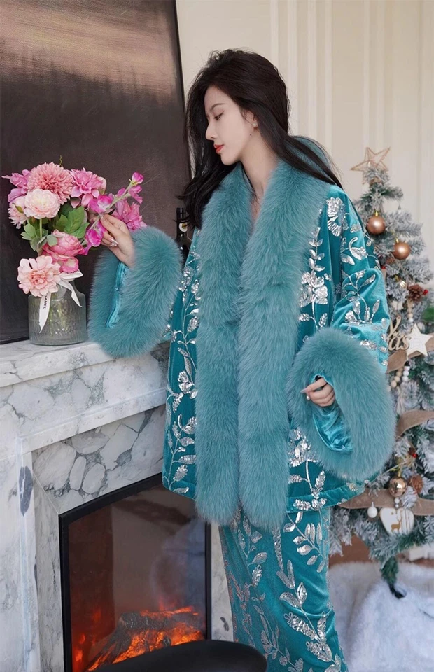  Синий вышитый бисером 90% белый гусь вниз Fox меха вниз куртки теплый костюм комплект - Изображение 3 из 4