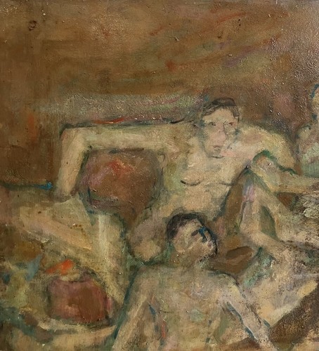 ALTES ÖLGEMÄLDE 1952 British Modernist THE WRESTLERS Monogramm signiert