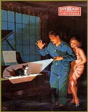 CAT PLAYING PIANO COUPLE NIGHT EVEREADY FLASHLIGHT VINTAGE POSTER REPRO FREE S/H