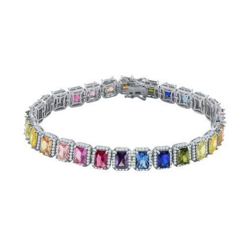 Bracciale solitario unisex colore arcobaleno tono oro bianco 18 carati diamanti simulati - Foto 4 di 4
