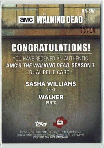 The Walking Dead Season 7 DUAL Relic DR-SW Sonequa Martin-Green & Walker #03/10 - Picture 2 of 2