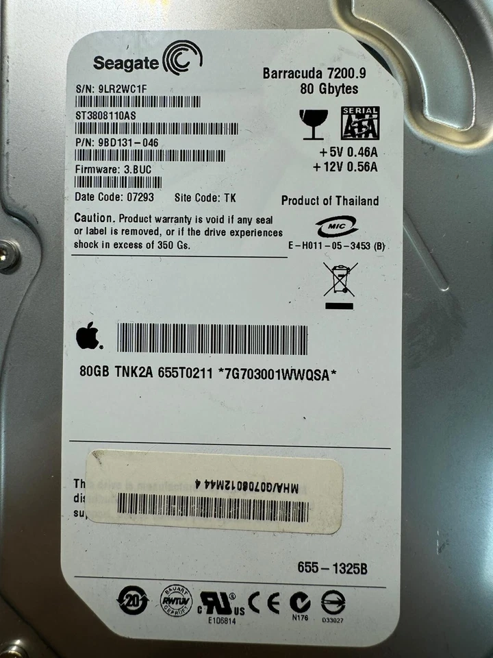 APPLE TNK2A ST3808110AS 9BD131-046 80GB Firmware 3.BUC Date Code 07293 3.5" HDD - Image 2 of 4