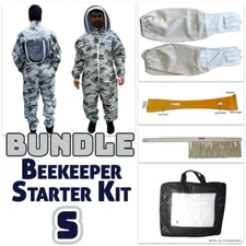 Adult Small Snow Camouflage Bee Keeper Suit Bundle - Gloves, Hive Tool & Brush