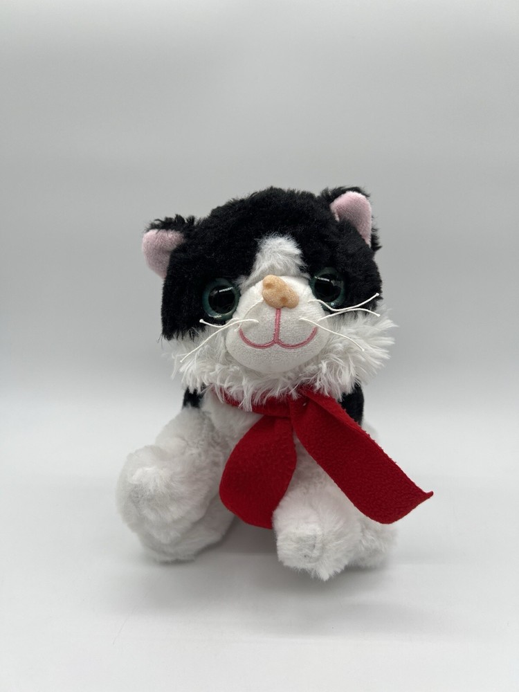 Walmart Black and White Cat Plush Toy with Red Bow and Blue Eyes  