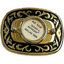 Susan B Anthony Belt Buckle - Vintage - Gold and Black Color - 3" W x 2 1/4" H