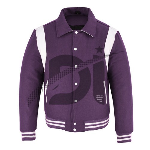Varsity School Bomber Stylish Purple Wool & White Leather Strips College Jacket - Picture 2 of 6