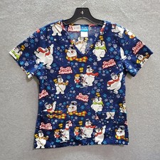 Frosty the Snowman Women Scrub Top XS Blue Snowflake Allover Print Winter V Neck