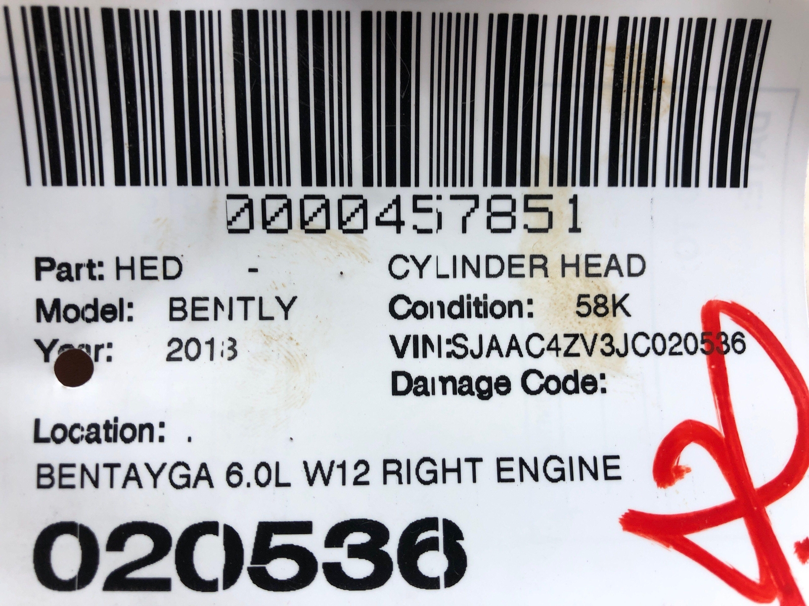 2016-2020 BENTLEY BENTAYGA 6.0L W12 RIGHT ENGINE CYLINDER HEAD *PARTS ONLY* OEM