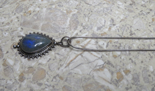 Sterling Silver 925 Glowing Labradorite Moonstone Gemstone Teardrop Necklace 26" - Picture 21 of 24