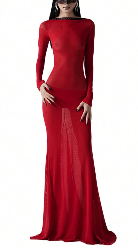 VESTIDO LONGO OS SEXY ORING PRETO COM CADARÇO ABERTO COSTAS LINGERIE RAINHAS VERMELHO TRANSPARENTE - Imagem 2 de 4