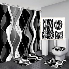 4 Pcs Black and White Striped Shower Curtain Set Black and Grey Bathroom Sets...