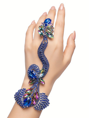 Blue Slave Love Harems Finger Bracelet Rhinestone Crystal Drag Pageant Jewelry