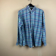 J Peterman Button Down Shirt Mens XL Green Plaid L/S Cotton See Photos