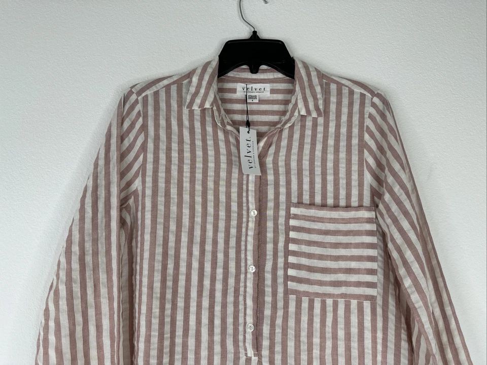 Top de terciopelo Graham Spencer manga 3/4 para mujer talla S blanco rosa a rayas NUEVO Foto 2 de 4