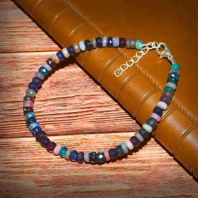 Ethiopian Opal Faceted Rondelle Beads Necklace Multi Fire Gemstone 18'' 1350