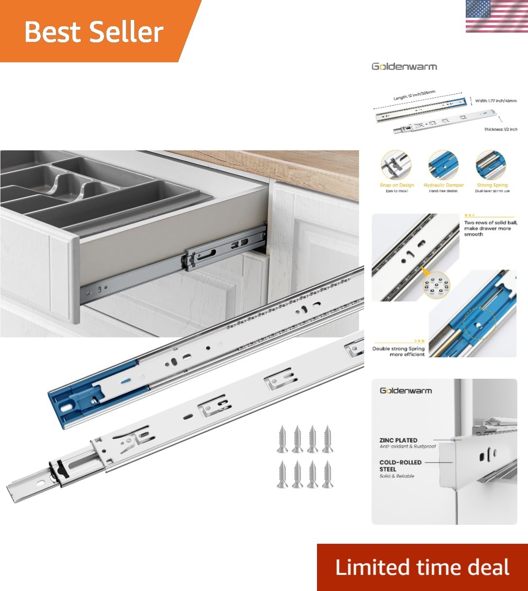 5 Pair Heavy-Duty 12-Inch Soft Close Drawer Slides, 100lb Ca