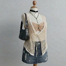 Vintage Beige Crochet Sleeveless Cardigan Large Front Tie Indie Whimsy Boho