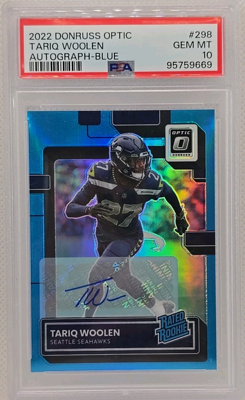 Tariq Woolen PSA 10 Blue Prizm Auto 2022 Panini Donruss Optic Rated Rookie #298
