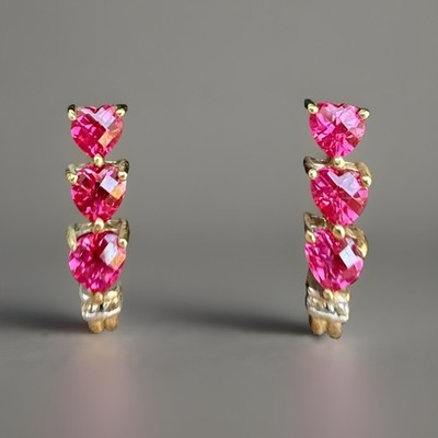 10K Yellow Gold Heart Cut Lab Created Rubies Diamonds,18.2mm,J hoop,2.1g