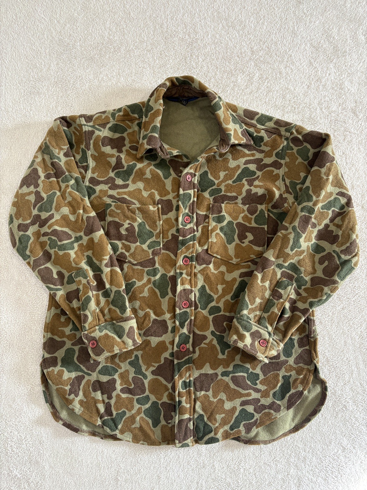 VINTAGE Woolrich Shirt Mens Large Green Camo Wool Duck Frog Skin Flannel