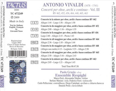 VIVALDI: CONCERTI PER OBOE, ARCHI E CONTINUO, VOL. 3 NEW CD