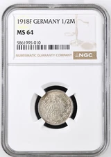 1918-F Germany 1/2 Mark Wilhelm II Silver Coin NGC MS 66
