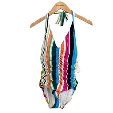 NWT Anne Cole Colorful Ruched Stripe Ruched Halter Swimsuit Size 10