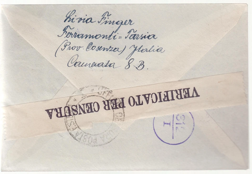WW 2 Ferramonti Italy Concentration Camp Cover to Swiss Red Cross Livia Finger - Image 2 of 2