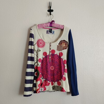 Desigual Dream Team 84 Logo Long Sleeve Knit Top Size M Elbow Patch Fitted Shirt