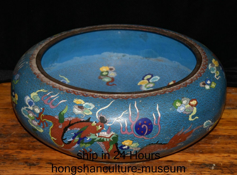 20" Old Chinese Purple Bronze Cloisonne Fengshui Dragon Writing-Brush Washer