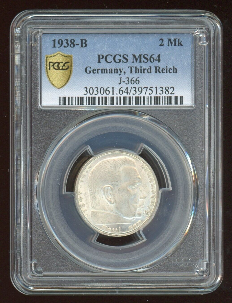 PCGS MS64 1938-B 2 Mk Reichsmark Hindenburg J-366 Silver Nazi
