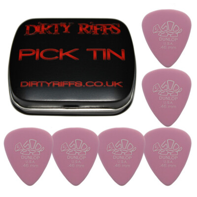 6 x Dunlop Delrin Gitarrenplektren/Plektren - 0,46 mm hellrosa in einer Plektrindose