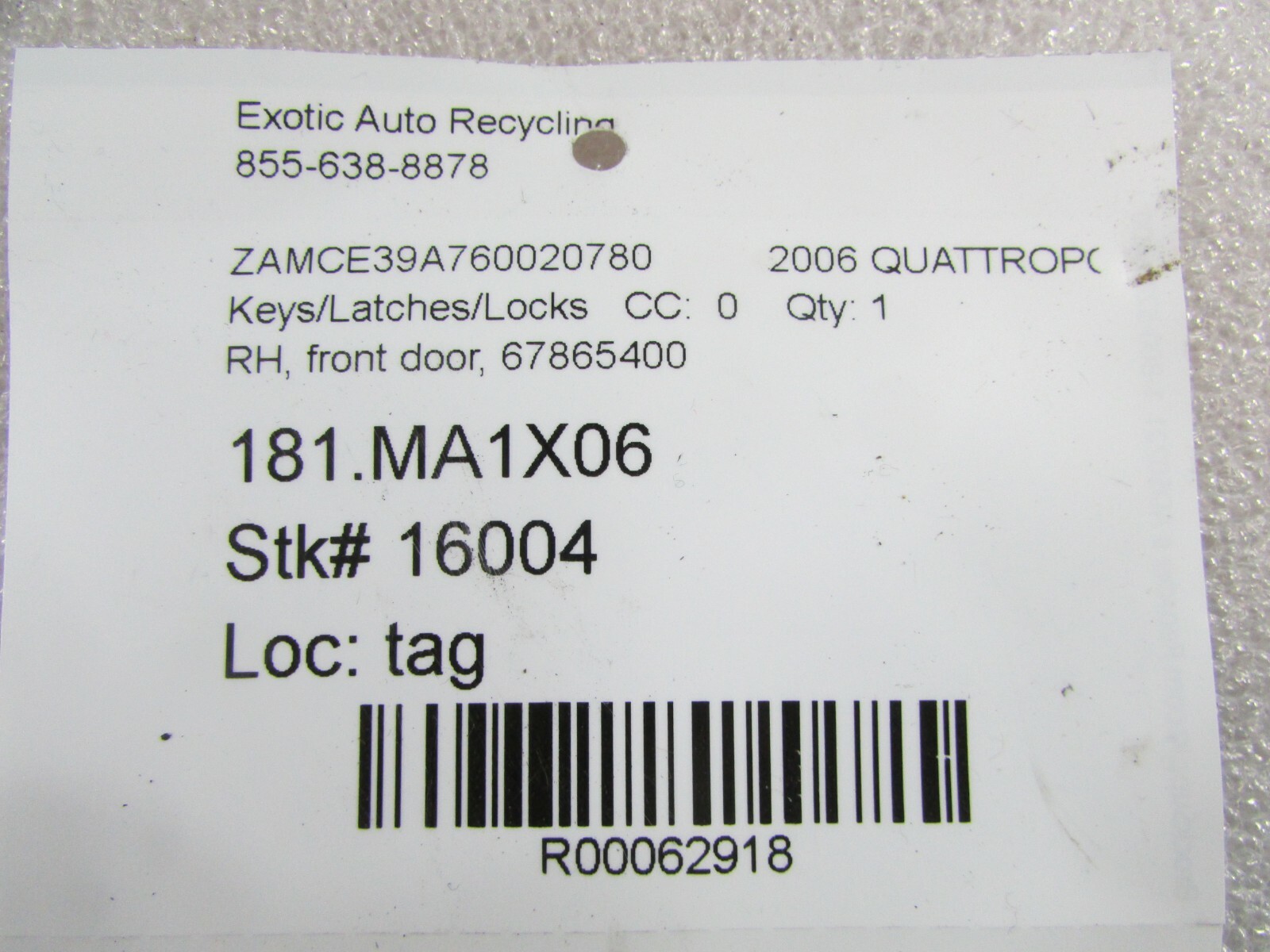 Maserati Quattroporte, RH, Right Front Door Latch, Lock, Used P/N 67865400