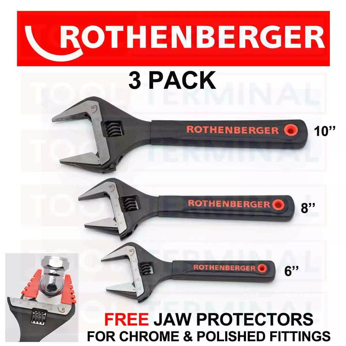 ROTHENBERGER Adjustable Wide Jaw Wrench Spanner 3 Pack 6 8 10