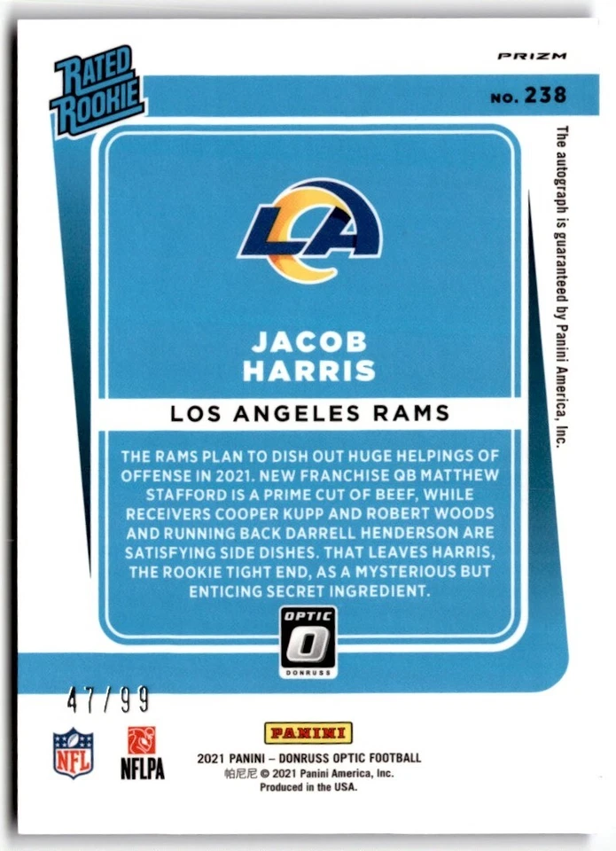 2021 Donruss Optic Prizms Blue Rated Jacob Harris Rookie Auto /99 #238 Los - Image 2 of 2