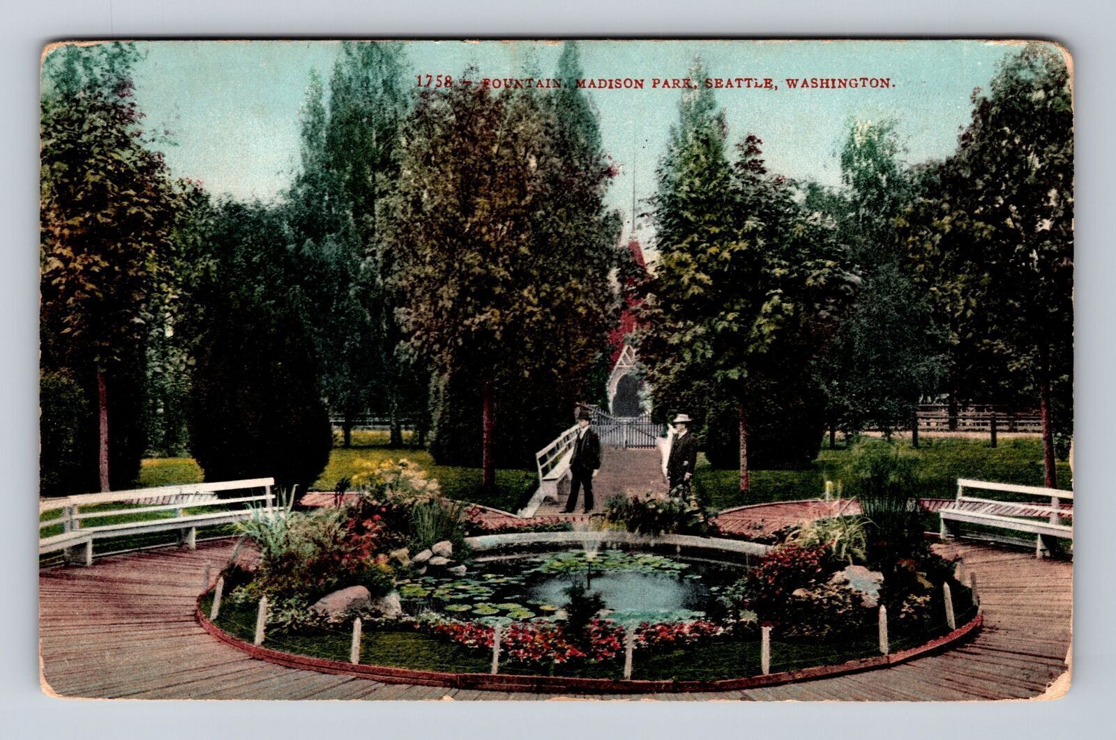 Vintage Antique Madison Park Fountain Postcard Seattle WA Washington  