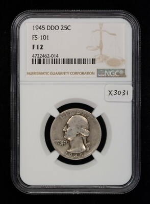 1945 DDO 25c Washington Silver Quarter - FS-101 - NGC F 12 - SKU