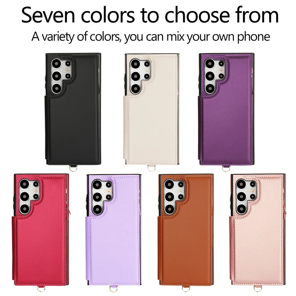 For Samsung S24 Ultra S23 S22 S21 Leather Card Wallet Crossbody Strap Stand Case - Image 2 of 4