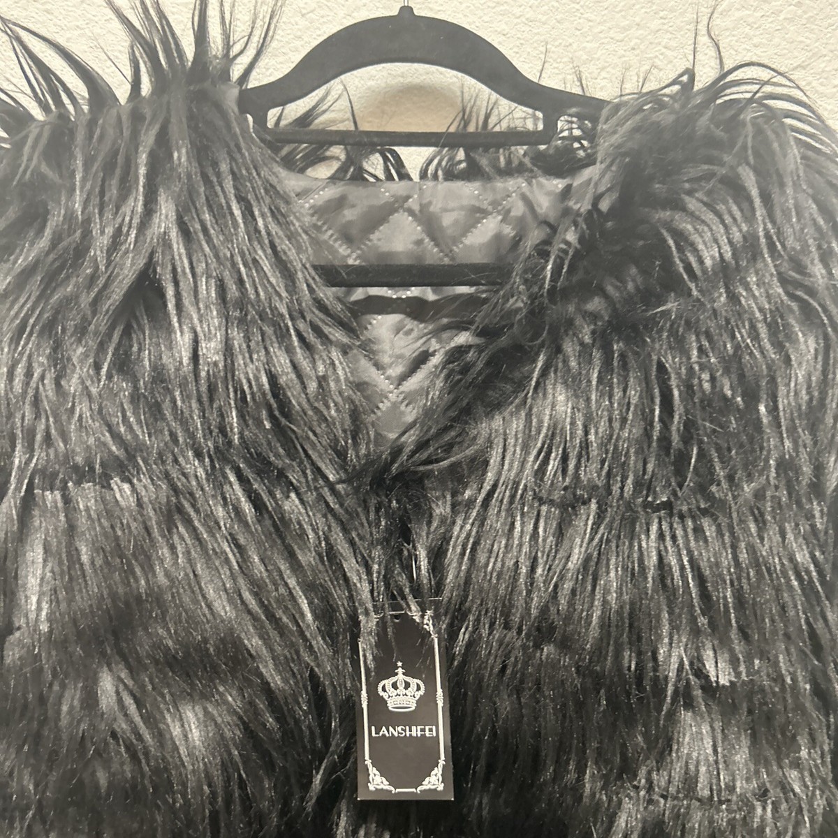 LANSHIFEI Faux Fur 3/4 Length Sleeve 3-Hook Closure Jacket Black Size Small