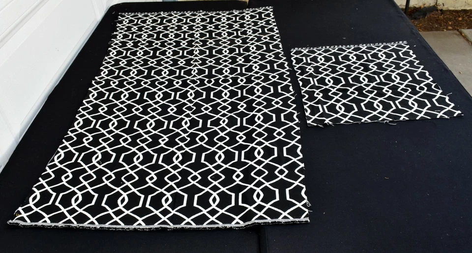 Vintage Black White Geometric Upholstery Fabric Remnant 56" x 30" + 19" x 21" - Image 4 of 4