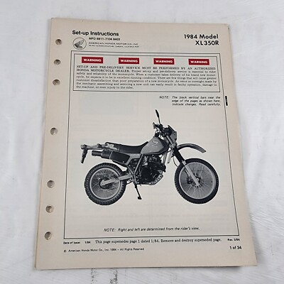 #ad 1984 Honda XL350 XL 350 Dealer Set Up Assembly Instructions Manual $16.50