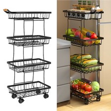 Image of Narrow Metal Fruit Vegetable Storage Kitchen Stackable Basket Rack with Wheels
