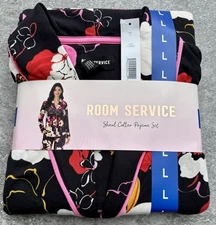 Room Service Women's 2-Piece Shawl Collar Pajama Set, Black Floral, Large