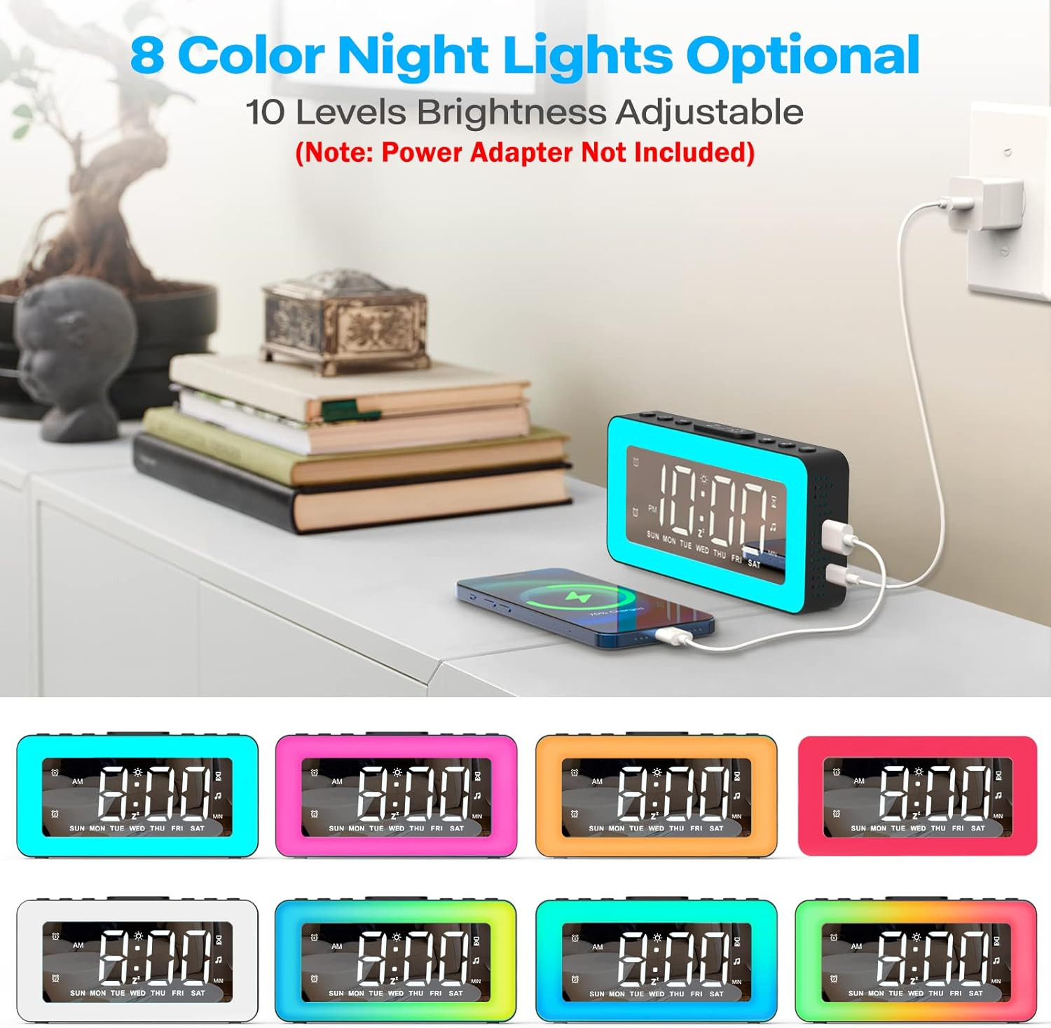 Kids Alarm Clock for Bedroom, Mirrored Digital Clock with 8 RGB Night Lights, 0%