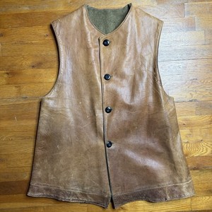 Vintage Brown Leather Jerkin Vest Large Green Wool Lined Military Men’s